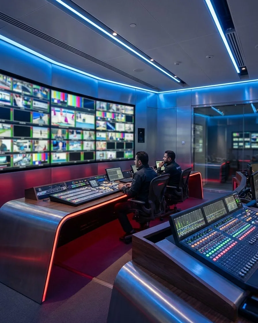 Broadcast master control room with multiviewer video wall, production switcher and audio console
