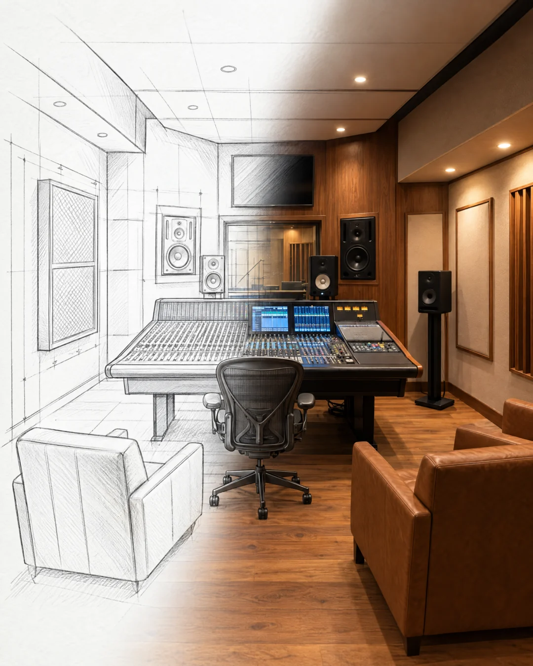 Broadcast studio control room shown as a design sketch turning into the finished installation