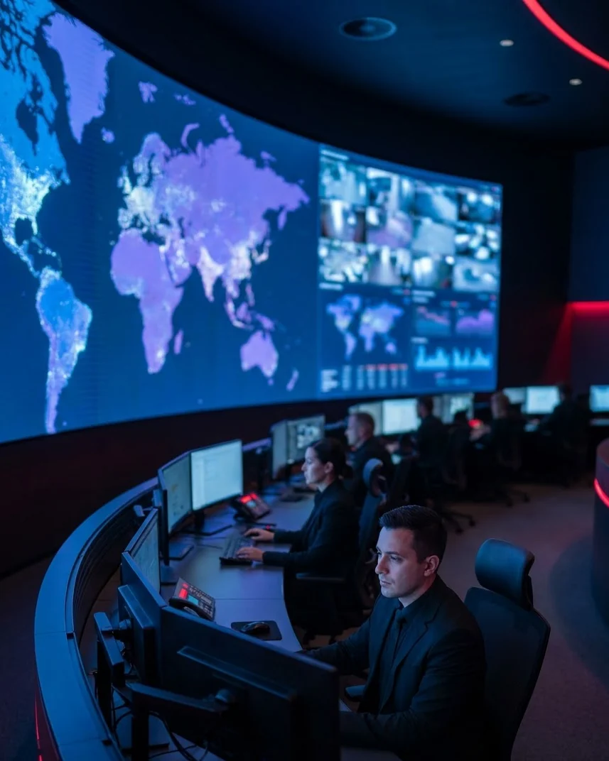 Security operations centre with a curved LED video wall and operators at consoles