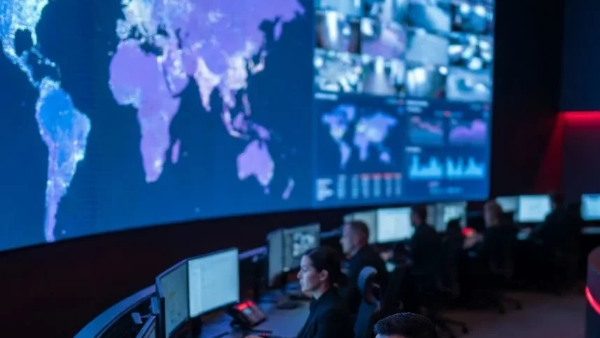 Control room with curved LED video wall and operator consoles