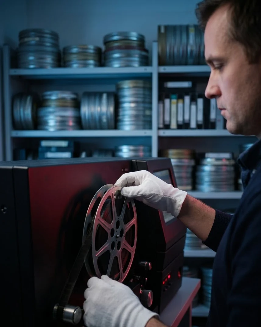 Archivist in white gloves loading a 35mm film reel onto a film scanner
