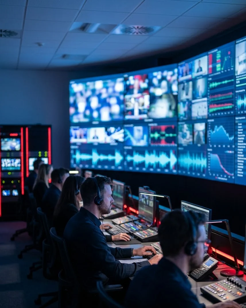 Media monitoring operations room with analysts reviewing live TV and radio feeds and analytics