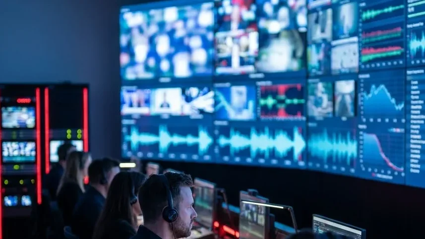 Media monitoring operations room with live TV feeds and analytics