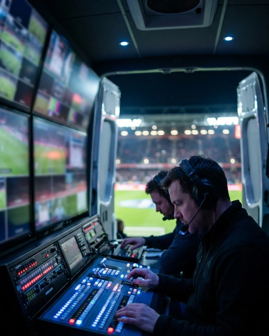 Outside broadcast OB van interior with production switcher and multiviewer wall at a stadium