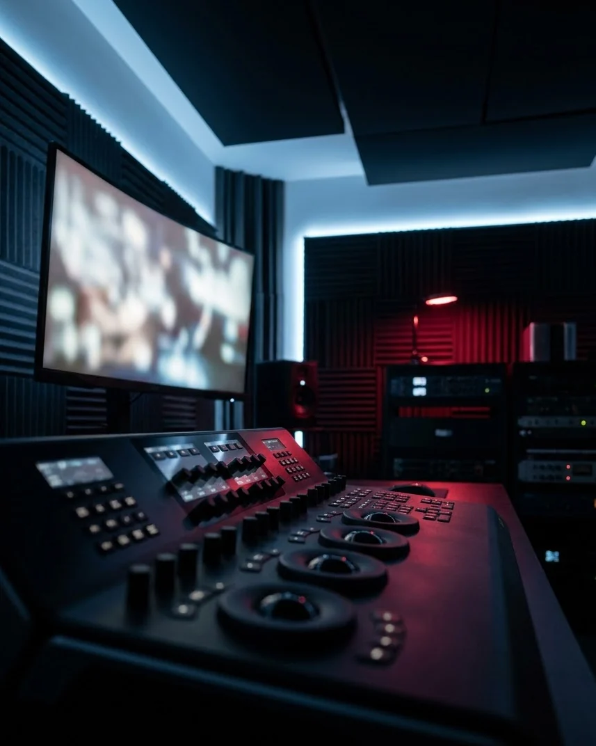 Colour grading and mixing suite with grading control panel and large reference screen