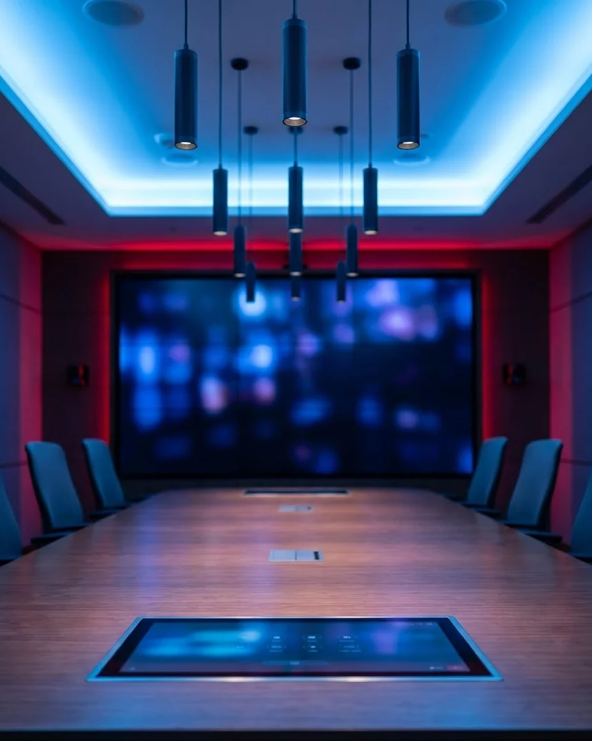 Corporate boardroom with a large LED video wall for video conferencing